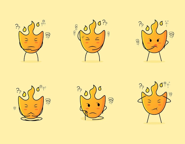 collection of cute fire cartoon character with thinking expression