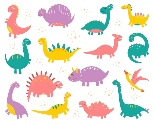 Vector collection of cute flat dinosaurs, including t-rex, stegosaurus, velociraptor, pterodactyl, brachiosaurus and triceratop