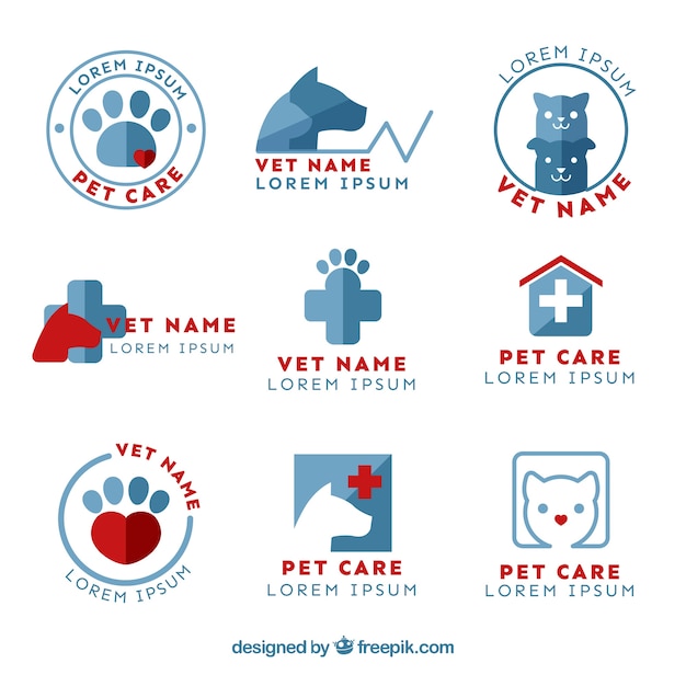 Vettore raccolta di cute logotipo veterinario piatta