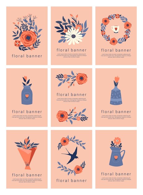 Raccolta di simpatici modelli di banner floreali. set di illustrazioni vettoriali piatte di fiori, piante, uccelli