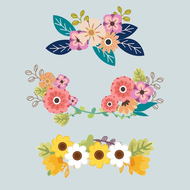 La collezione di graziose ghirlande di fiori in un set di stili vettoriali piatti corona di fiori primaverili colorata sprin