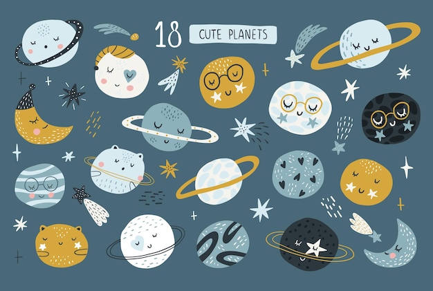 Collezione di pianeti di bambini divertenti e carini pianeti di bambini divertenti in illustrazione vettoriale piatta corpi celesti adorabili con facce sorridenti oggetti astronomici colorati nativi dei cartoni animati