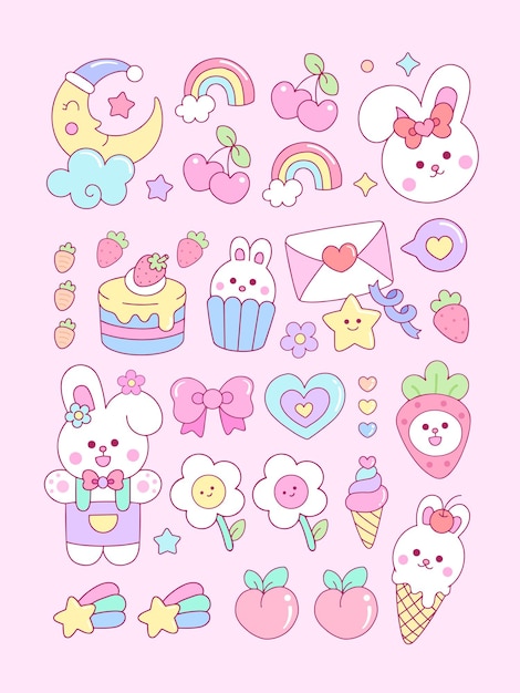 Vector collection of cute funny bunny rabbit stickers icon