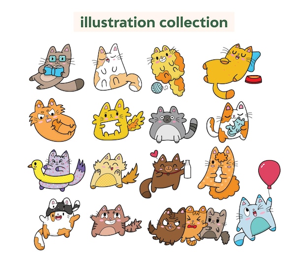 Collection of Cute and Funny Cartoon Cat Illustrations