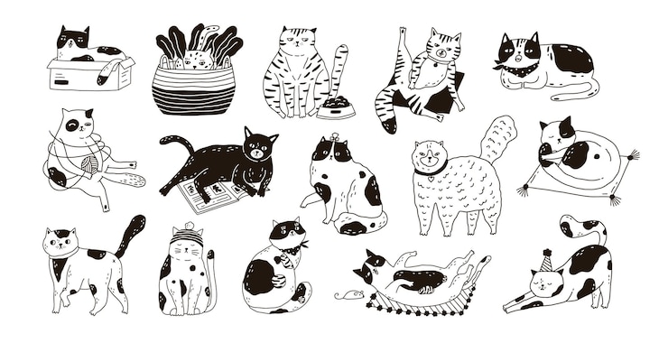 Vector collection of cute funny cats sitting, washing, stretching itself, playing. bundle of adorable purebred pet animals hand drawn with contour lines on white background. monochrome vector illustration.