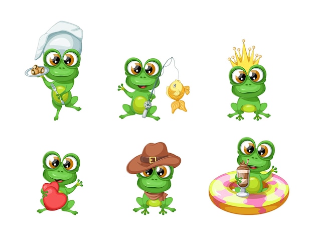 Collection of cute and funny frogs for postcards on different topics