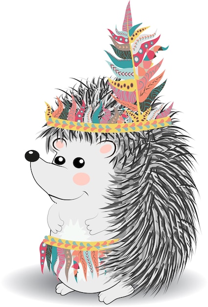 Collection of cute and funny Indian animals A stylized illustration of an Indian hedgehog with feathers