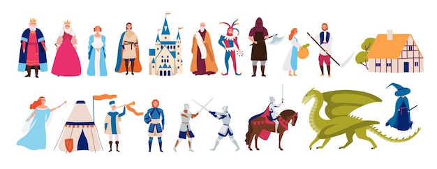 Vettore collezione di simpatici personaggi maschili e femminili divertenti e oggetti e mostri di fiabe medievali o leggende isolati su sfondo bianco. illustrazione vettoriale colorata in stile cartone animato piatto.