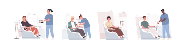 Collection of cute funny men and women sitting in chairs and donating blood and doctors collecting it. Bundle of smiling male and female donors at medical center. Flat cartoon vector illustration.