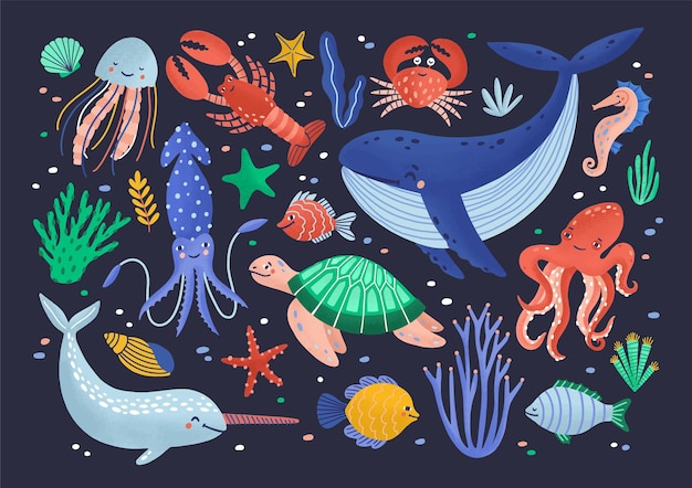 Vector collection of cute funny smiling marine animals - mammals, reptiles, molluscs, crustaceans, fish and jellyfish isolated on dark background. sea and ocean fauna. flat cartoon vector illustration.