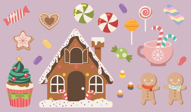The collection of cute gingerbread and candy and cookkie and jelly and cupcake and lolipop in set.