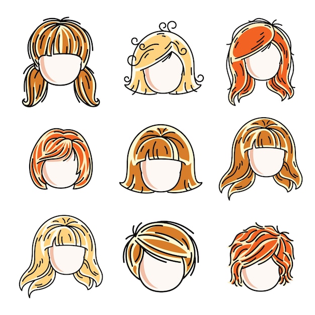 Collection of cute girls faces, vector human head flat illustrations. set of red-haired and blonde teenage girls, little schoolgirls avatars clipart.