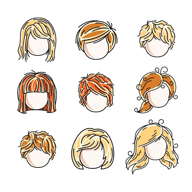 Collection of cute girls faces, vector human head flat illustrations. set of red-haired and blonde teenage girls, little schoolgirls avatars clipart.