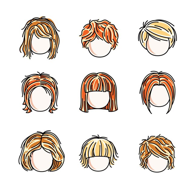 Collezione di facce di ragazze carine, illustrazioni vettoriali piatte della testa umana. set di ragazze adolescenti dai capelli rossi e bionde, clipart di avatar di piccole studentesse.