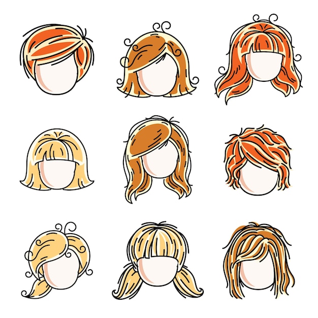 귀여운 소녀들의 얼굴, 벡터 인간의 머리 플랫 삽화. 빨간 머리와 금발의 10대 소녀, 작은 여학생 아바타 클립 아트 세트.