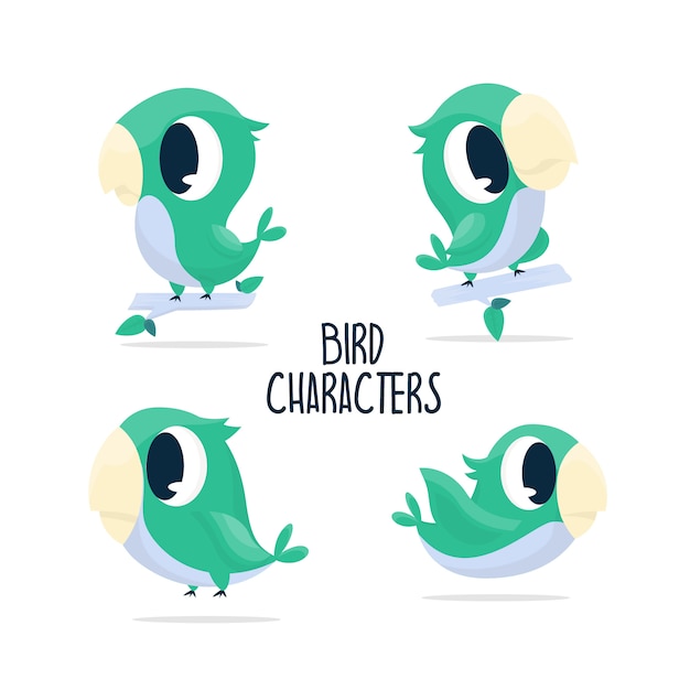 Collection cute green bird characters illustration