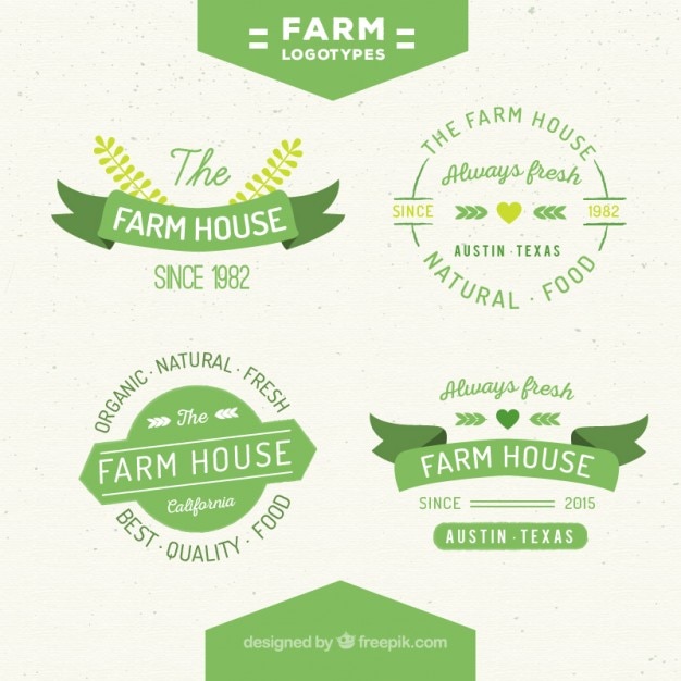 Vector collection of cute green farm logos in vintage style