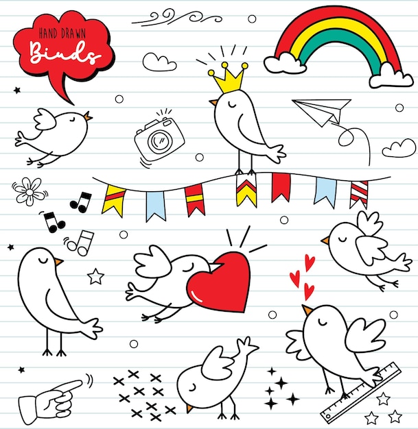 Vector collection of cute hand drawn bird doodles vector set on paper background