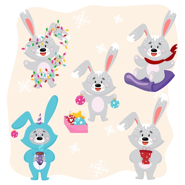 Collection of cute hand drawn christmas bunnies