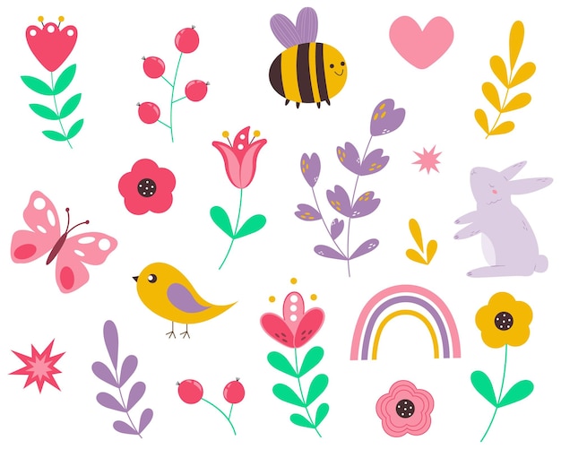 귀여운 손으로 그린 다채로운 벡터 꽃 질감 식물 곤충과 새의 컬렉션