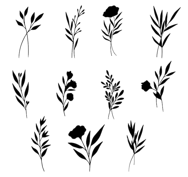 Vector collection of cute hand drawn flower isolated flat vector silhouettes