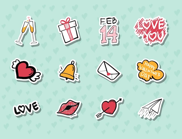 Vector collection of cute hand drawn valentine's day stickers