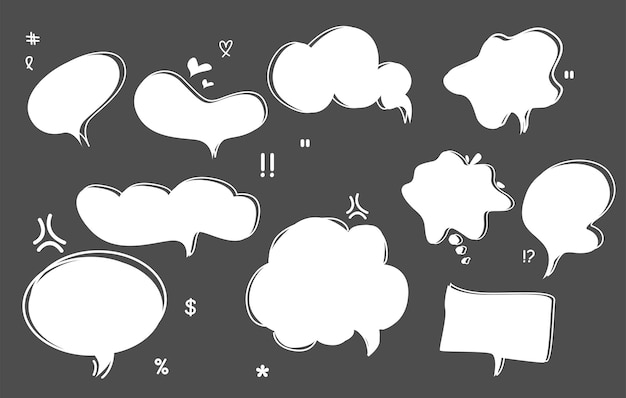 collection of cute handdrawn speech and chat bubbles with comic style on black background