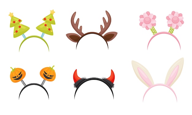 Vector collection of cute headbands for carnival party rabbit ears deer antler fir tree flower devil horns vector illustration on white background