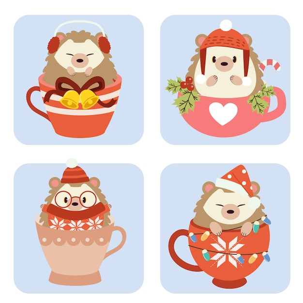 The collection of cute hedgehog in cup in christmas theme set. 