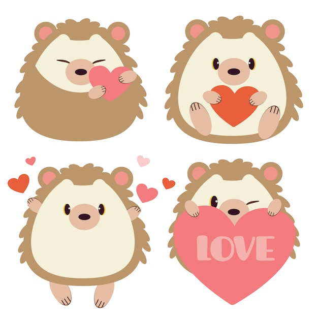 collection of cute hedgehog with heart on white