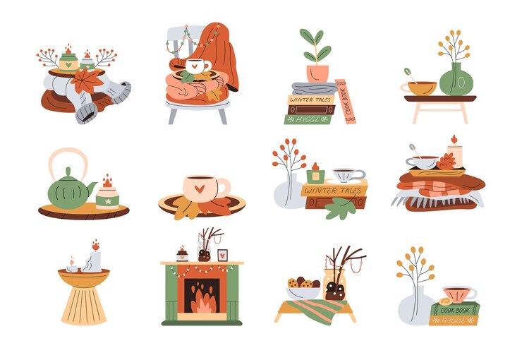 Vector collection of cute hygge illustrations