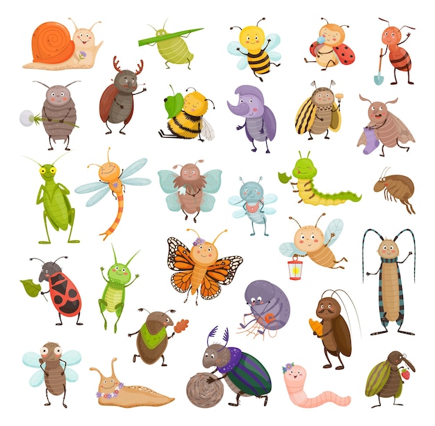 Collection of cute insects in cartoon style