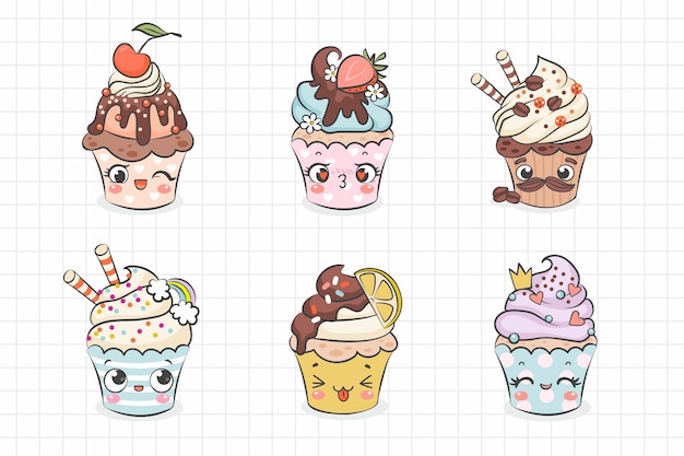 Collection of cute kawaii cupcakes outline illustrations