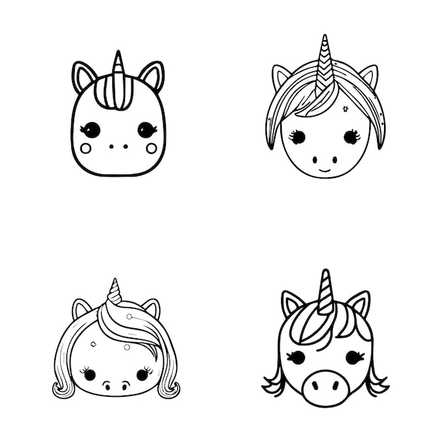 Collezione di simpatici unicorni kawaii in varie pose ed espressioni