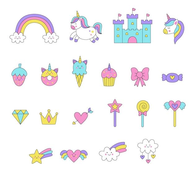 Collection of cute kawaii vector pictures on white background.