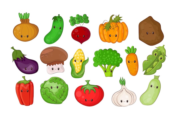 Collection of Cute Kawaii Vegetables. Set of clip art cartoon vegetables in kawaii style.