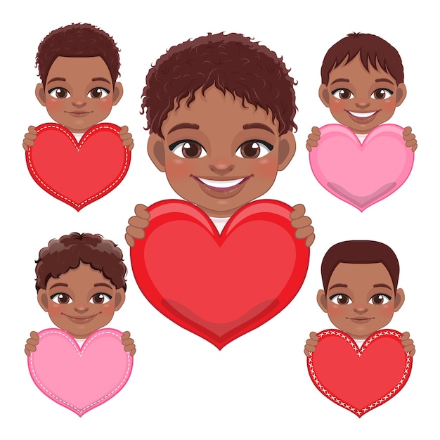 Collection of Cute little American African Boys Holding Red and Pink Hearts Happy Kids Celebrating Valentine s Day Vector Illustration