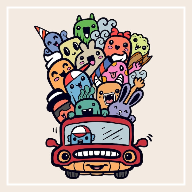 A collection of cute little doodle monsters riding a car isolated on white background