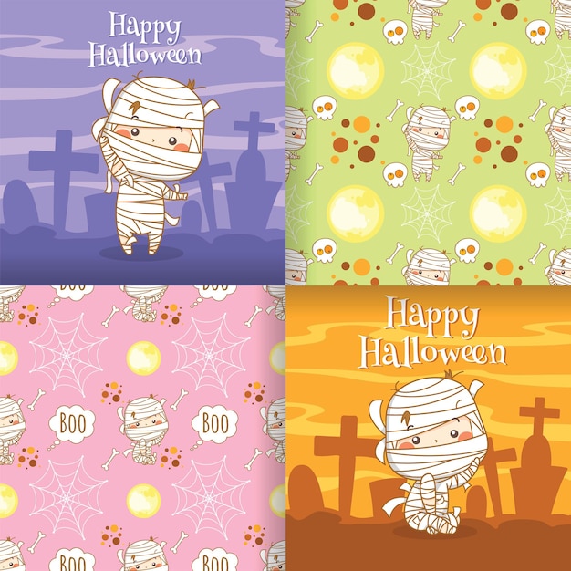 Collection of cute little mummy cartoon character illustration with seamless pattern set