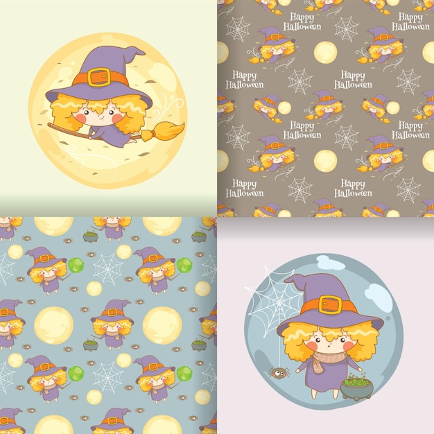 collection of cute little witch cartoon character illustration with seamless pattern set