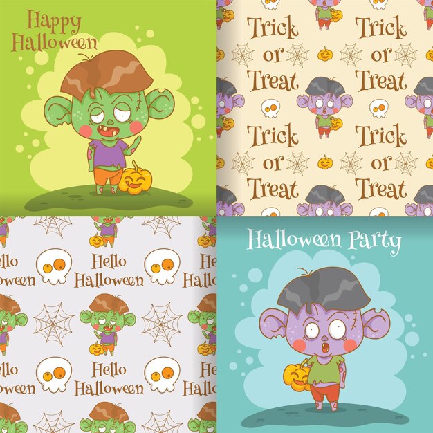Collection of cute little zombie cartoon character illustration with seamless pattern set