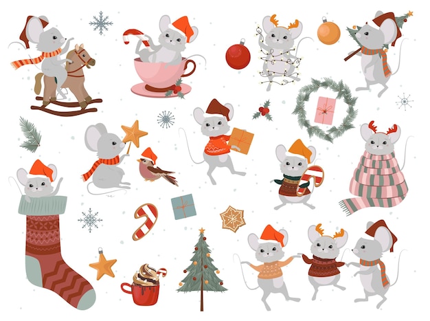 Collection of cute Mouse and Holidays elements, New Year and Merry Christmas concept.