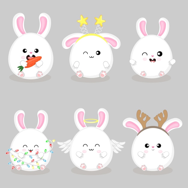 Collection Cute New Year style kawaii hare flat vector illustration
