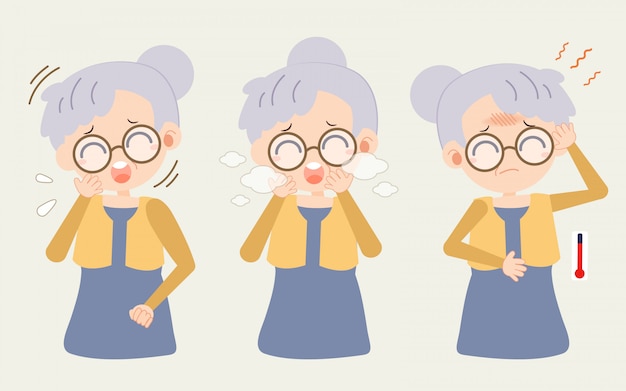 Vector the collection of cute old woman with sick theme. the character of cute old woman coughing and hard breath and have a fever.