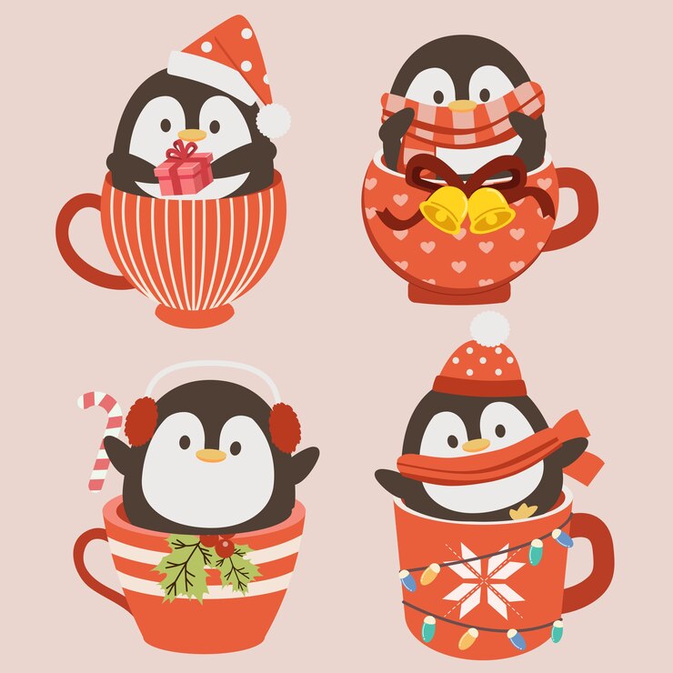 The collection of cute penguin in the christmas cup in flat style.