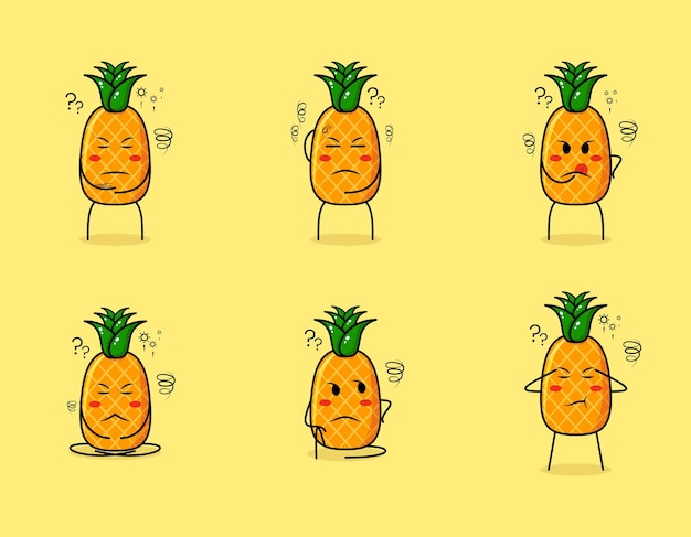 Collezione di simpatici personaggi dei cartoni animati di ananas con espressioni pensanti. frutta, semplice e cartoon