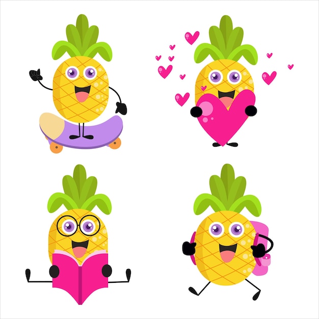 Vector collection of cute pineapple cartoon illustration characters perfect for logos and more