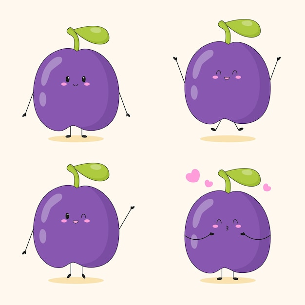 Collection of cute plum characters in the different posing Cartoon fruit character set
