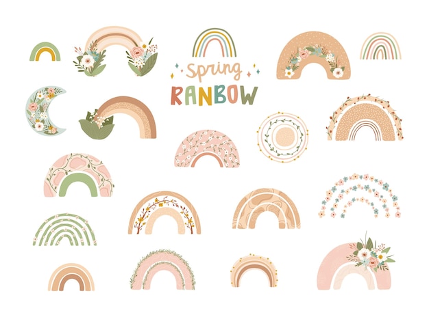 Vector collection cute rainbows with flowers in pastel colors isolated