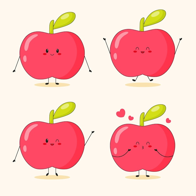 Collection of cute red apple characters in the different posing cartoon fruit character set